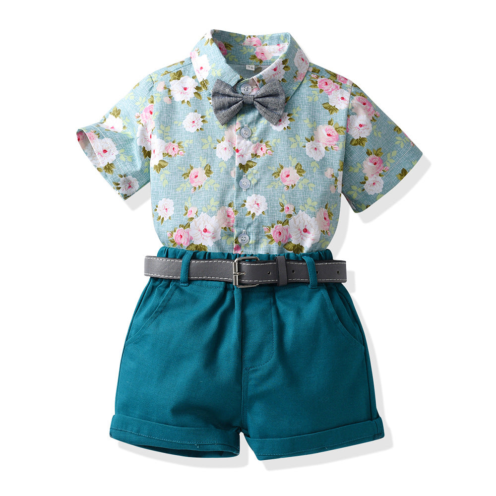 卸売ボーイズコットン夏半袖花柄シャツショーツカジュアルツーピースセット